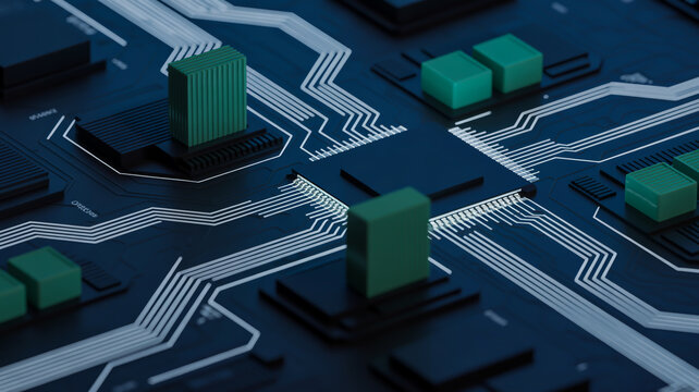 Close up macro view of a dark blue circuit board with green components and white lines - Powered by Adobe