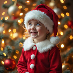 Smiling girl with joyful spirit wearing a Santa outfit against decorated Christmas tree lights
