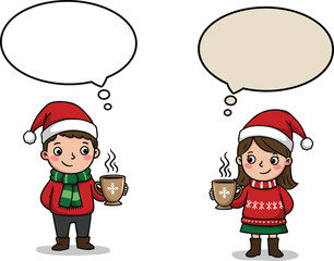 Cute boy and girl wearing Christmas clothes holding hot cocoa mugs with speech bubbles, festive winter holiday cartoon illustration design.