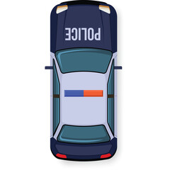 Top Down View Of A Dark Blue And Light Blue Police Car With Red And Blue Lights On The Roof And The Word Police Written On The Trunk In White Text On A Transparent White Background © kayis