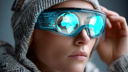 Gazing into the Global View: A woman with innovative futuristic eyewear observes the world through smart augmented reality glasses, connecting her to information.  - Powered by Adobe