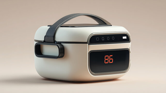 Modern electric lunch box with digital display and ergonomic handle, designed for convenient meal preparation and portability, ideal for busy lifestyles and on-the-go dining