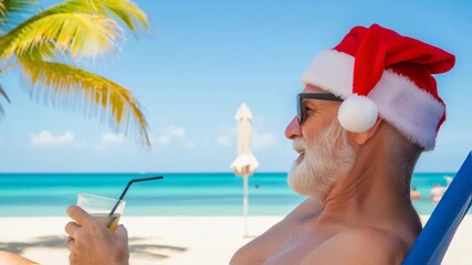 Santa Claus relaxing on a tropical beach chair, wearing sunglasses and a festive red hat, enjoying a colorful cocktail with palm trees and ocean in the background, perfect for holiday vibes. 