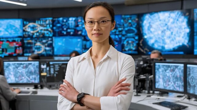 Visionary Analyst at Work: A poised analyst in a high-tech control room, focused and strategic, surrounded by monitors displaying intricate data, embodying expertise and innovation.