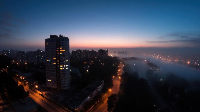 Urban landscape at dusk with fog rolling in over buildings creating a serene ambience