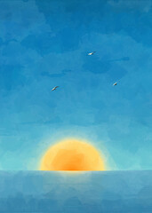 Dramatic scene of sun rising from the ocean and flying seagulls. Graphic arts postcard template, background with copy space. Canvas texture applied.