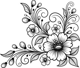 Vintage Floral Corner Ornament: Detailed Engraving of Blooming Flowers and Swirling Leaves for Graphic Design