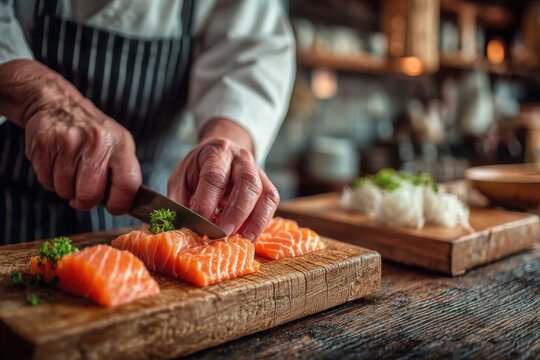 Cat Sushi Chef Slicing Fresh Salmon on Wooden Counter in Clean Kitchen