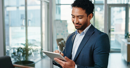 Smile, business man or writing on tablet for funding request approval, digital signature or...