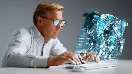 Visionary Data Analysis: A focused analyst types away on a keyboard, his gaze fixed upon an ethereal digital display showcasing a map, symbolizing global connectivity and data analysis. - Powered by Adobe