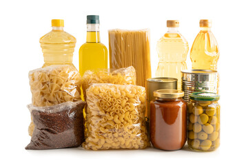 Foodstuffs in donation box isolated on white background with clipping path for volunteer to help people.