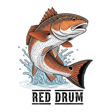 red drum fish as a logo print design on various media such as t-shirts, mugs, hats, tote bags, etc. for various events related to fishing hobbies, vintage cartoon flat design illustrations
