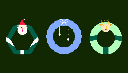 Christmas Wreath Flat Icon Set – Minimal Vector of Festive Holiday Decorations, Santa, and Reindeer