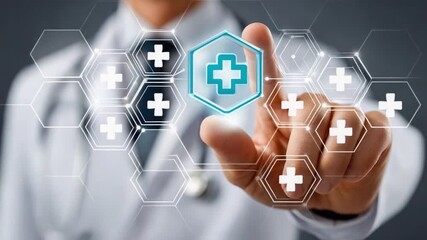 Healthcare Innovation: A doctor's hand interacting with a digital interface overlaid with health symbols, symbolizing advancement in medical technology. - Powered by Adobe