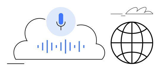 Microphone and audio wave inside cloud shape with globe outline. Ideal for AI, communication, cloud computing, global networking, voice technology, data sharing, innovation. Simple flat metaphor