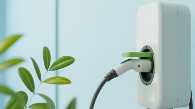 Electric vehicle charging station with green accent and plant leaves on light blue background - Powered by Adobe