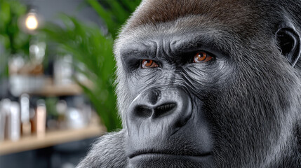 a monkey sits in a barber's chair surrounded by grooming products, humorous concept, copy space