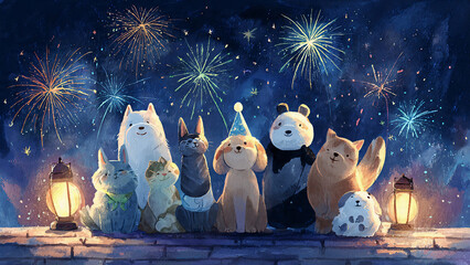 Cute watercolor cartoon to welcome the new year, cute pets gathered around fireworks under a midnight sky with glowing stars