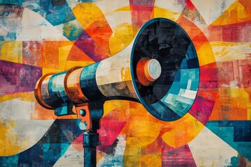 Megaphone, collage art, and protest banner for humanity and human rights awareness. Colorful, vibrant posters representing social issues for media, activism, and creative design, Generative AI