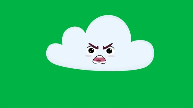 An angry white cloud with furrowed brows and gritted teeth glares intensely on a green screen chromakey background in this 2d animated cartoon animation. Great for stormy moods or dramatic weather