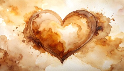 Watercolor painting of a heart shape with brown hues, splatters, and texture on paper, soft light background