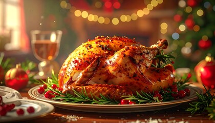 Festive Christmas Turkey Dinner with Holiday Decorations.