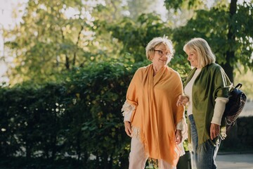 Naklejka premium Two senior women enjoying a relaxing walk in the park