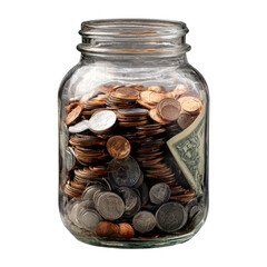 Glass jar filled with coins and a dollar bill on transparent background