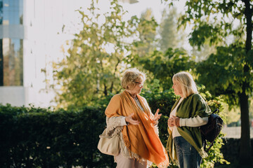 Two senior women talking and gesturing in a park