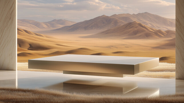 Futuristic floating platform in desert landscape, framed by marble columns and warm natural light. Ideal for themes of technology, minimalism, and harmony with nature.
