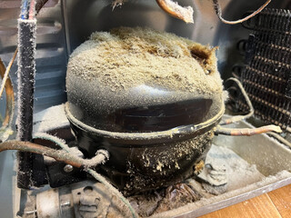 Close-up view of a dusty compressor inside an appliance, showcasing accumulated dirt and debris, highlighting the importance of regular maintenance and cleanliness in household equipment