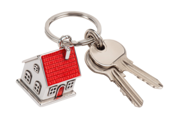 Silver key and house shaped keychain displayed on transparent background