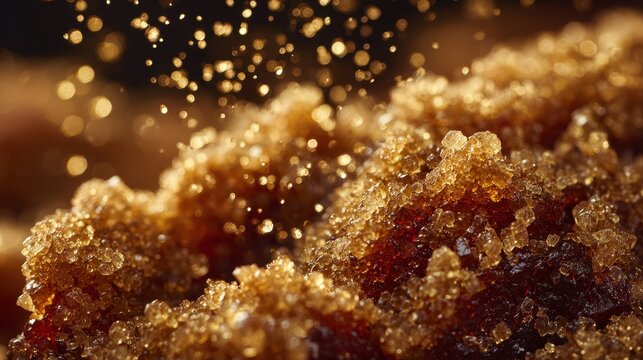 Macro close up of golden sugar crystals with bokeh effect