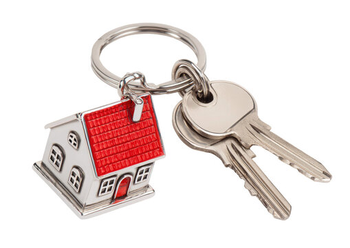 Silver key and house shaped keychain displayed on transparent background