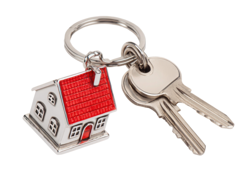 Silver key and house shaped keychain displayed on transparent background