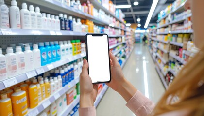 woman holding smartphone with blank screen in retail store aisle, choosing haircare or skincare product, illustrating smart shopping and product selection concept