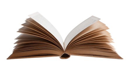 An open book with fanned pages detailed texture on transparent background