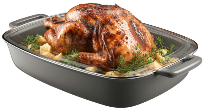 Roasted turkey in a baking dish fresh herbs on transparent background