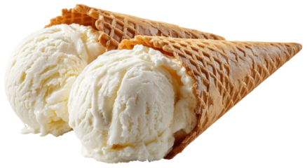 Two scoops of vanilla ice cream in a waffle cone on transparent