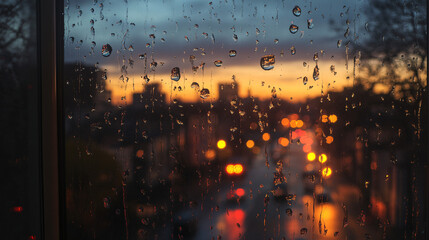 Raindrops on window reflecting golden city lights at dusk creates a moody atmosphere