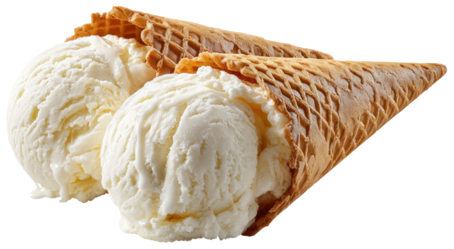 Two scoops of vanilla ice cream in a waffle cone on transparent