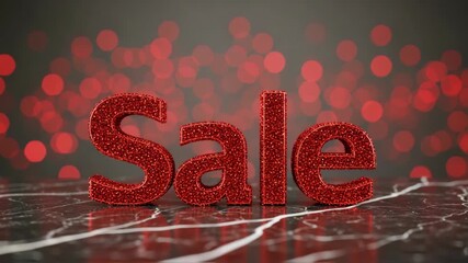 Glittering red letters spelling SALE on a reflective marble surface, with a blurred festive background of colorful bokeh lights, capturing the excitement of holiday shopping discounts	 - Powered by Adobe