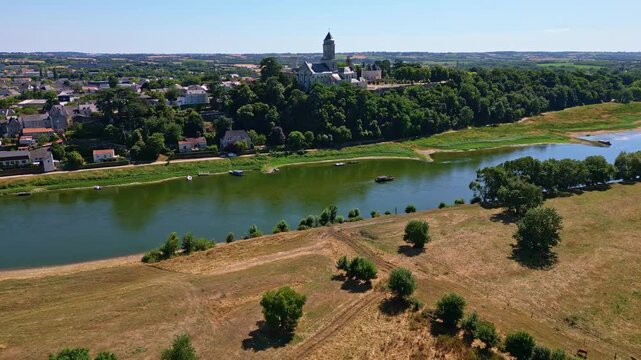 Saint-Florent-le-Vieil and Loire river, France. Aerial drone forward