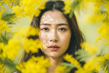 ミモザの花に包まれた女性｜国際女性デーイメージ