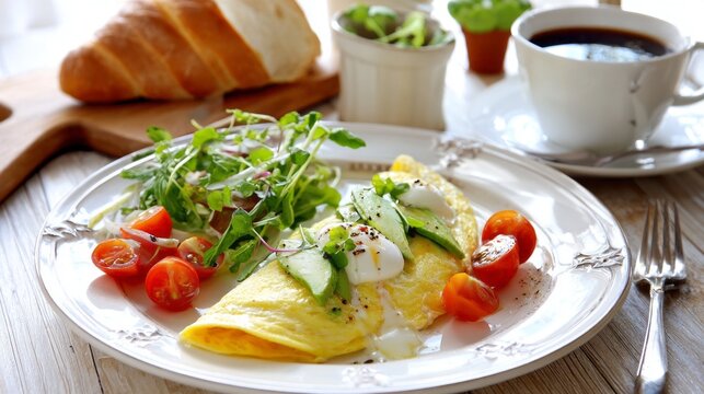 A delightful breakfast plate features a fluffy omelet, ripe tomatoes, and vibrant baby spinach nestled beside a warm croissant and a steaming cup of coffee. A perfect morning start