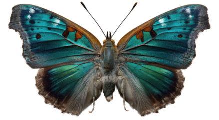 Detailed image of a vibrant blue and orange butterfly on transparent background