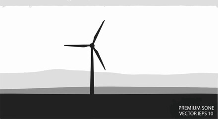 Silhouette of a wind turbine against a minimalist landscape at dusk.
