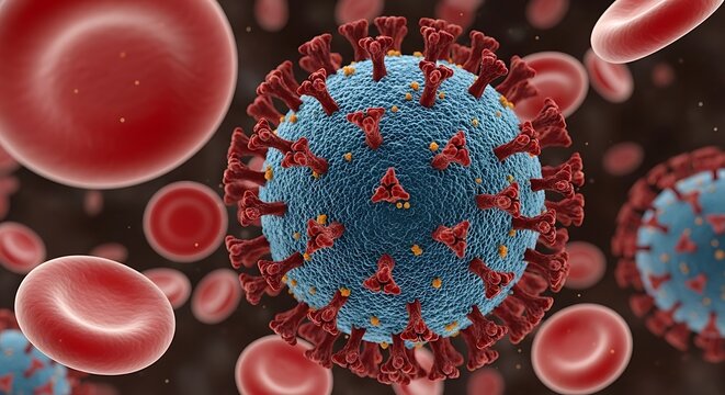 Coronavirus virion with red blood cells, a microscopic view of the virus - Powered by Adobe