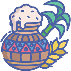 Traditional Clay Pot Filled With Sweet Pongal Dish Next To Sugarcane Stalk and Rice Stalks During Harvest Festival Celebration