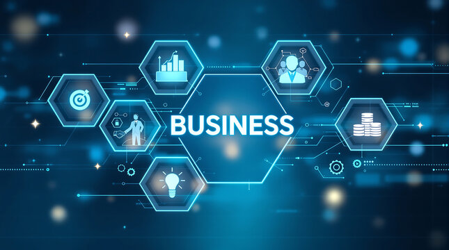 Business technology concept with icons for strategy, management, and digital transformation success